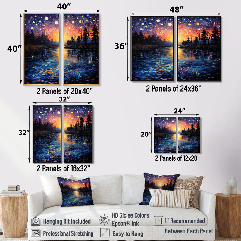 Vangogh Twilight Reflections Pointillism - jaune, impressions sur toile traditionnelles, H 20 po x l 24 po, Noir