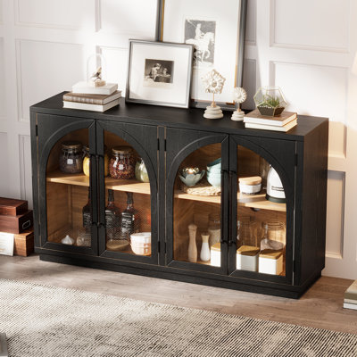 Grande armoire-buffet à 4 portes avec portes en verre, conception arquée et tablettes réglables pour une utilisation polyvalente