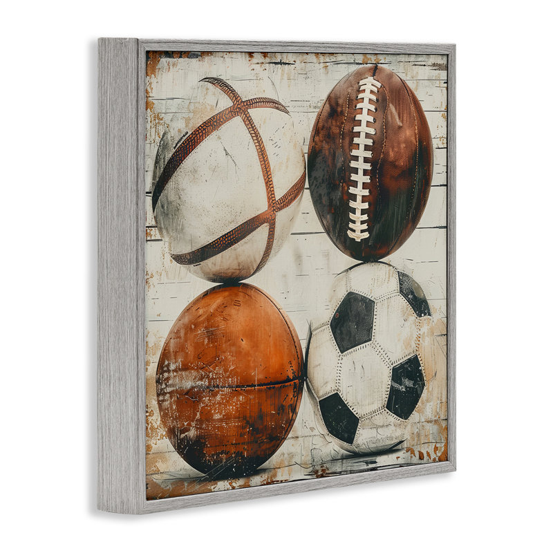 «Rustic Sports Balls», art de la giclée encadrée par Lazar Studio, Cadre gris, H 17 po x l 17 po