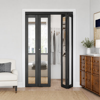 Porte à deux volets 60 po x 80 po en bois massif avec miroir et ensemble de quincaillerie d'installation (garde-robe, garde-manger) noir