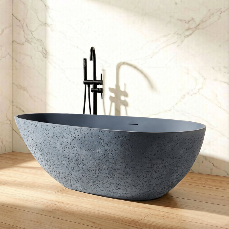 67” Freestanding Solid Surface Outdoor Soaking Stone Bathtub With Concrete Textured