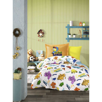 Ensemble de housse de couette simple sous licence 100% coton, housse de couette 62,9 po x 86,6 po, drap plat 62,9 po x 94,5 po, taie d'oreiller 19,7 po x 27,6 po | Lavable à la machine, 152 fils, blanc éclatant, jaune, vert et bleu