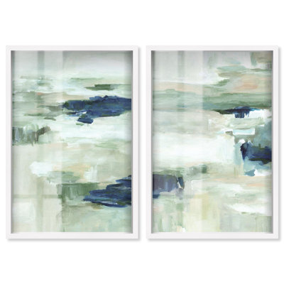 Misty Sea Duo Shadowbox Print Blue and Sage Art Set by Art Remedy, White Frame, 16 x 24