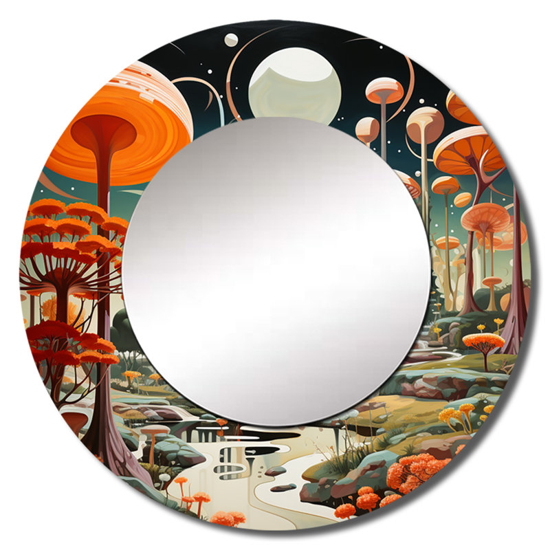 Coloré Mid Mid Century Mid-Century Mushroom Dreams I - miroir Mid-Century moderne, miroir mural rond moderne Mid-Century, impression sur métal