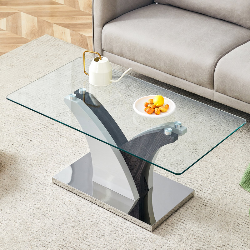 Table basse rectangulaire. Comptoir en verre trempé et pieds en panneau de fibres à densité moyenne artistiques, parfaits pour les dîners, les conférences, la maison et les décorations de bureau. Blanc et gris, table de salle à manger, table à thé, table basse.