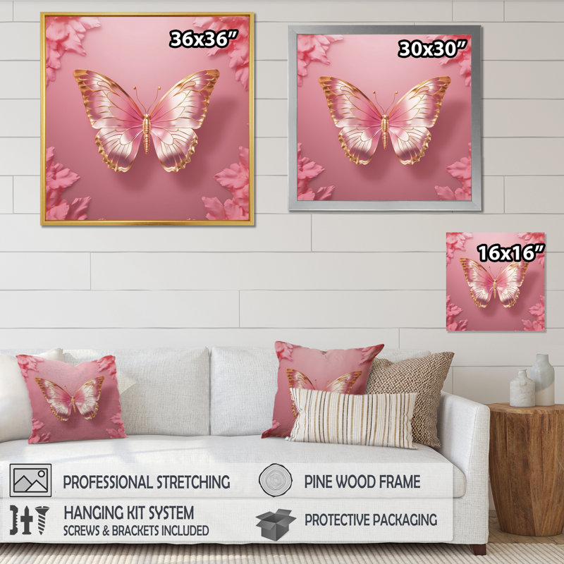 Papillon rose et or II - art mural papillon pour le salon, Cadre naturel flottant, H 16 po x l 16 po x P 1 po