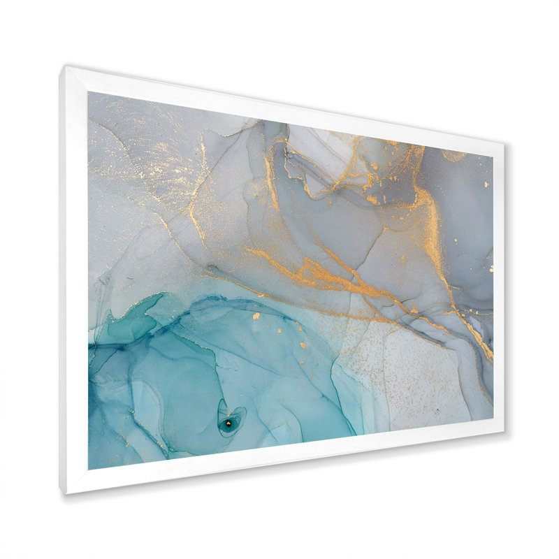 Encre liquide turquoise et bleue - Peinture sur toile, H 30 po x l 40 po, Impression encadrée, Blanc