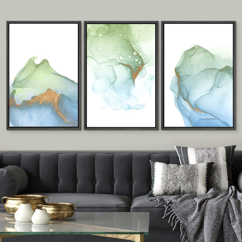 «Smoke Effect», reproduction de fumée aquarelle verte, bleue et dorée, impression sur toile, 3 pièces, Noir