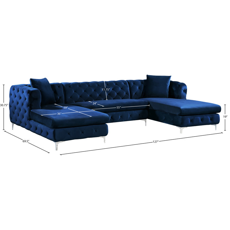 Miranda Velvet U-Shaped Sectional Symmetrical, Navy Velvet
