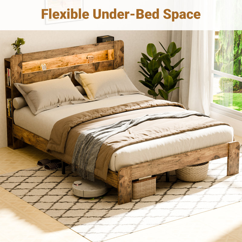 Rustic Wooden Platform Bed With Charging Station, LED Lights, And Storage Shelves – Full, Queen, And King Sizes, Full