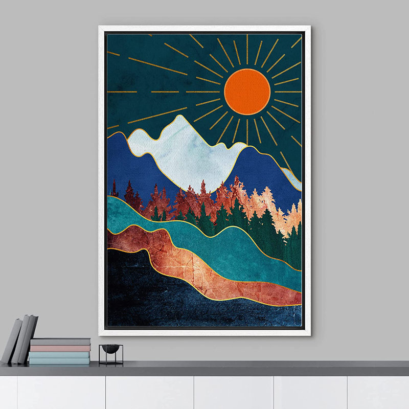 Marbre, chaîne de montagnes, forêt, soleil, nature, illustrations abstraites, paysage rustique - cadre flottant, impression sur toile