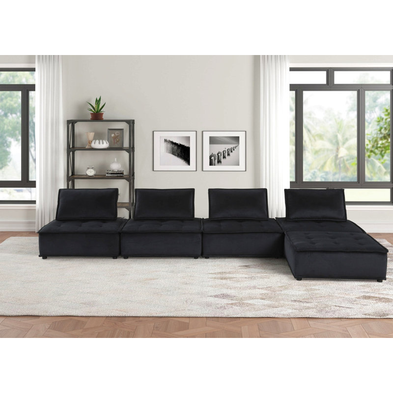 160"W Black Velvet 5 Pc Sectional Sofa Ottoman, 29" H x 160" W x 80" D