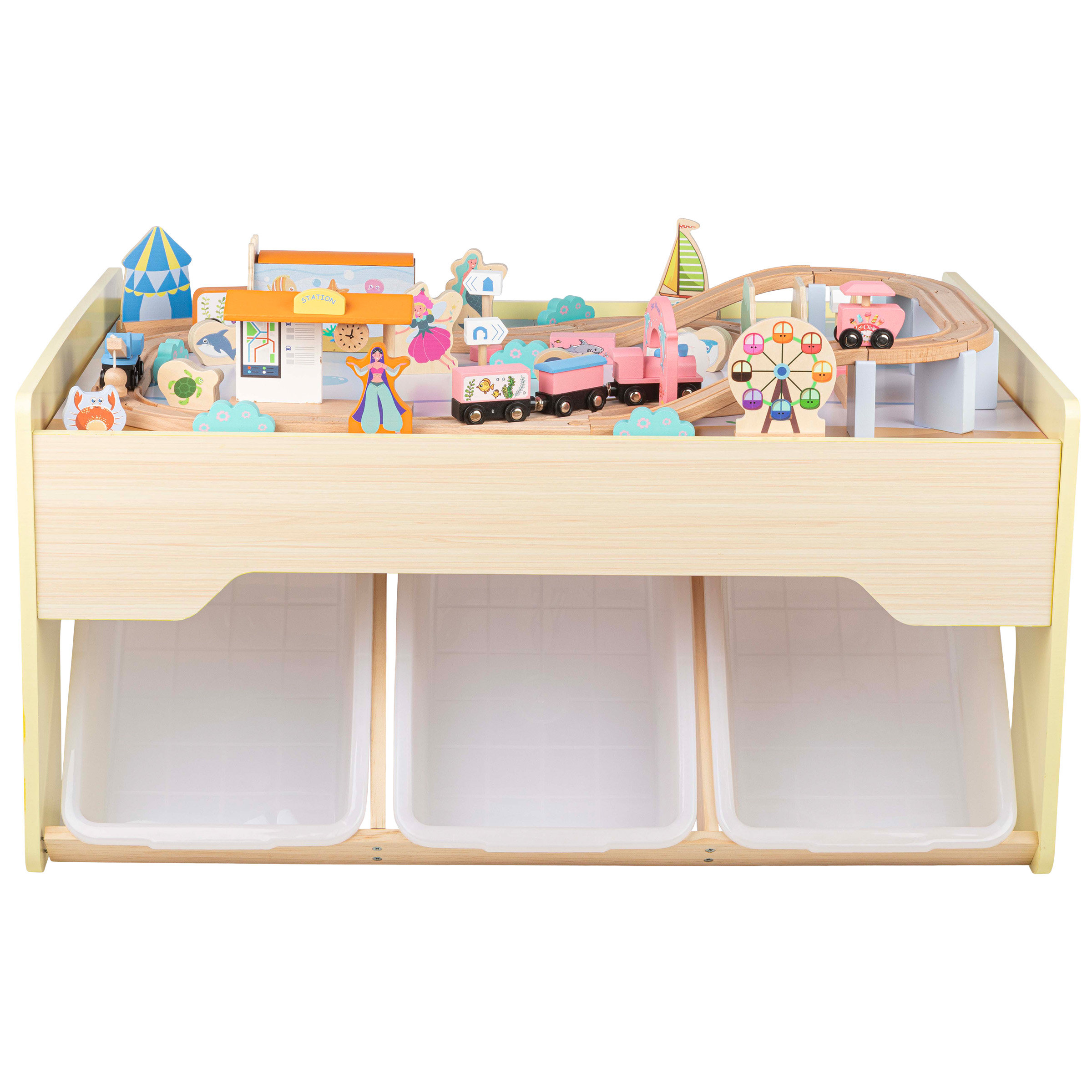 Hey! Play! 63pc Wooden Train Set With Table, Yellow | Wayfair