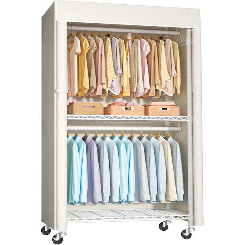 Portant à vêtements blanc avec housse beige, garde-robe à roulettes P1C, support à vêtements en métal pour suspendre les vêtements