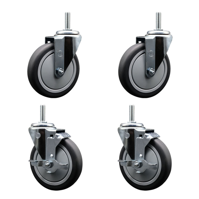 Rubber Wheel Swivel 5/8 Inch Threaded Stem Caster Set 2 Brakes