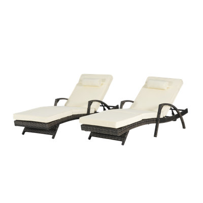 Outdoor Wicker Long Reclining Chair Set of 2 with Cushions, Wicker Reclining Lounge Chair Lawn Sunbathing Chairs Recliner up to 150° Beach Poolside Garden