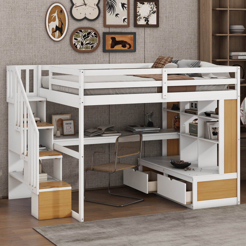 Full Size Loft Bed with Desk and Shelves, Two Built-in Drawers, Storage Staircase, White/Natural