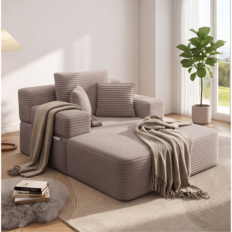 Canapé-lit en peluche surdimensionné en peluche, canapé-lit convertible avec poches de rangement et 3 coussins, café