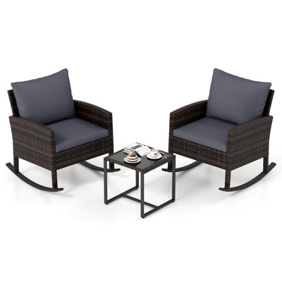 3 Pieces Wicker Rocking Bistro Set Hand-Woven Rattan Outdoor Patio Furniture Set
