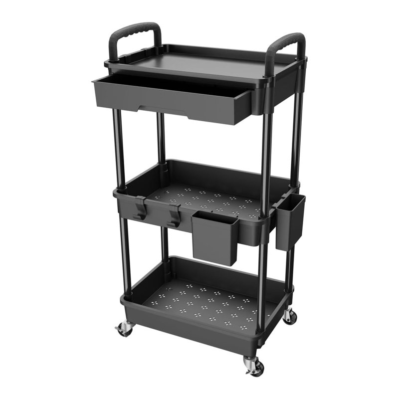 Black 3-Tier Rolling Utility Cart with Drawer and Handle