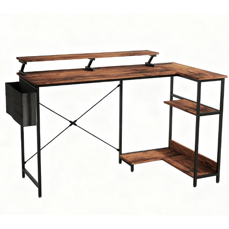 Computer Desk, L Shaped Corner Desk With Shelf, Power Outlets And LED Lights, Brown/Black