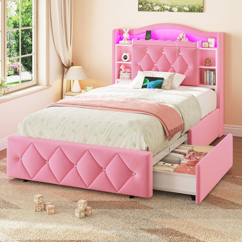 Twin Size Bed Frame With 2 Storage Drawers,shelves,led Lights And Charging Station, Diamond Tufted Velvet Upholstered Princess Platform Bed With Bookcase Headboard And Hidden Storage Space,pink