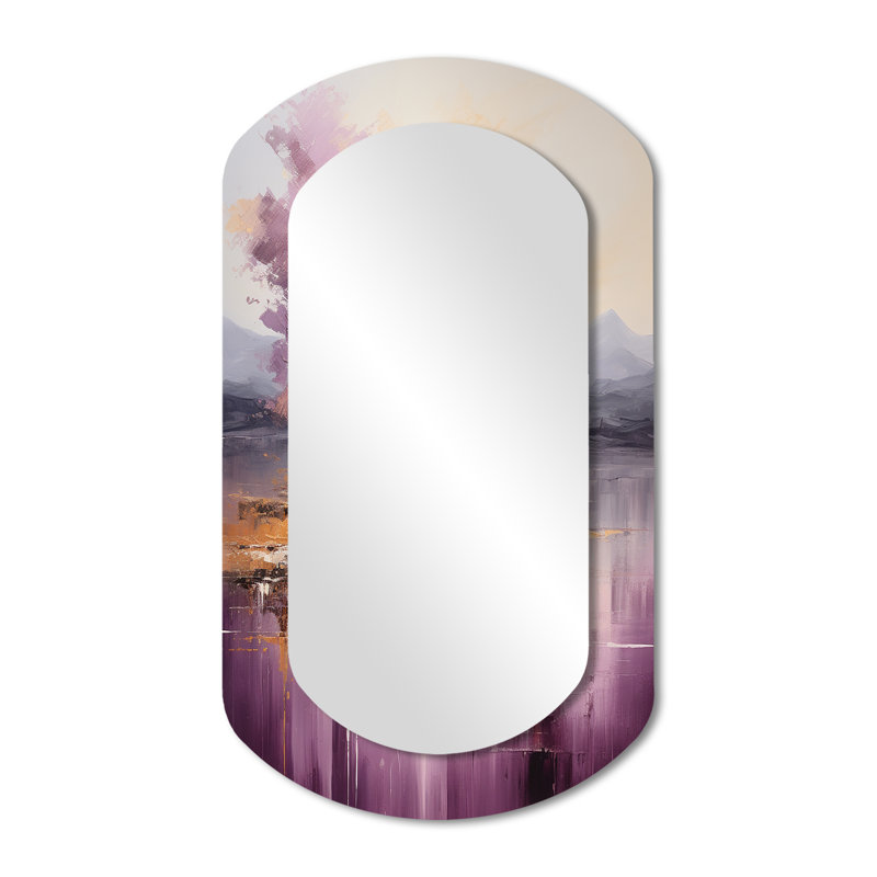 Purple and gold mountain landscape IV - Landscapes Asymmetrical Mirror, Purple Cylinder Unique Wall Mirror, Printed Metal Art