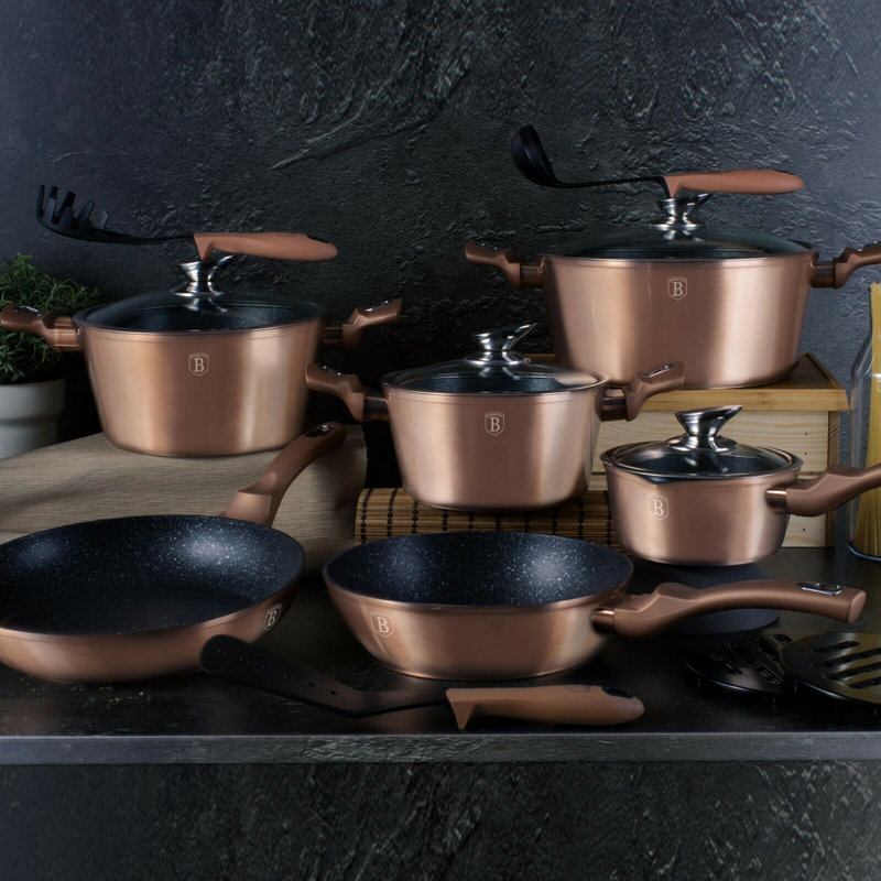 15 - Piece Non-Stick Aluminum Cookware Set, Rose Gold