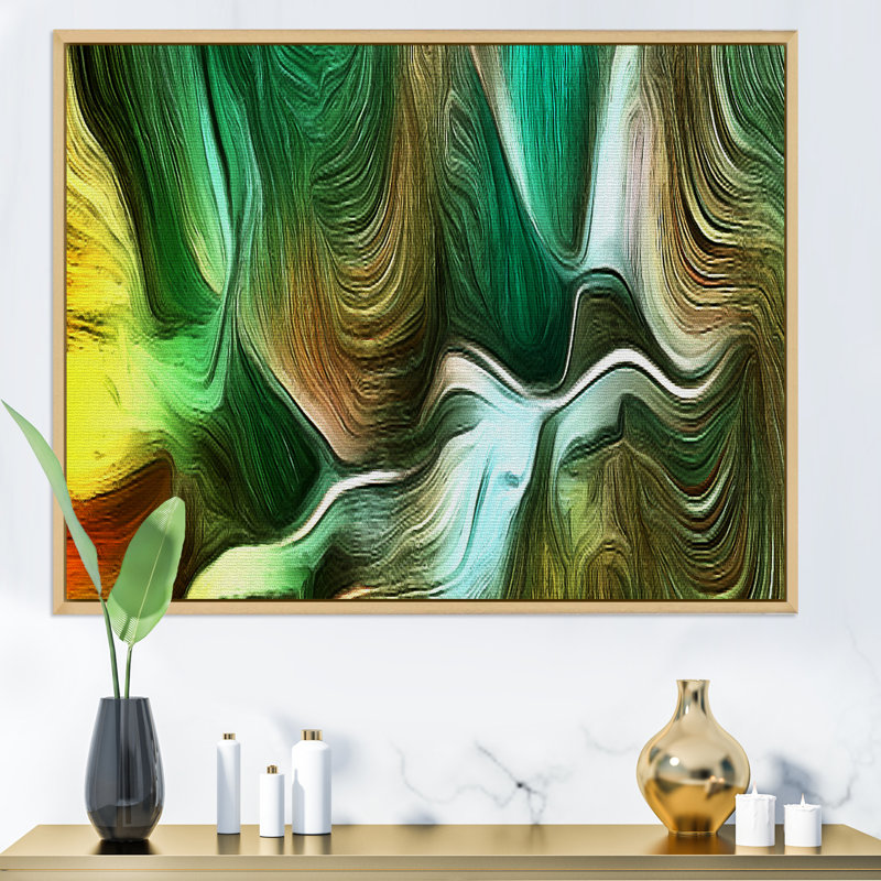Vagues liquides dans les tons de vert IV - décoration murale moderne en toile, H 8 po x l 12 po x P 1 po, Cadre flottant brun