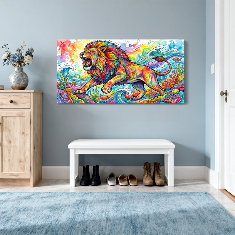Animaux, lion coloré, vagues océaniques, récif corallien, H 28 po x l 58 po