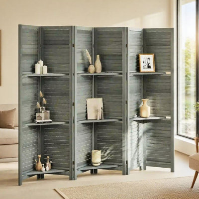 Paravent classique de séparation de pièce avec persiennes et circulation d'air pour bureau, 6 panneaux pliables, structure en bois massif, trois étagères pour une stabilité accrue.