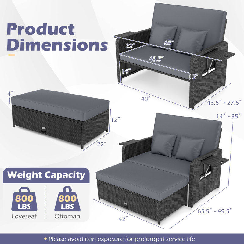 PE Wicker Outdoor Daybed With Adjustable Backrest & Ottoman, Gray, Gray