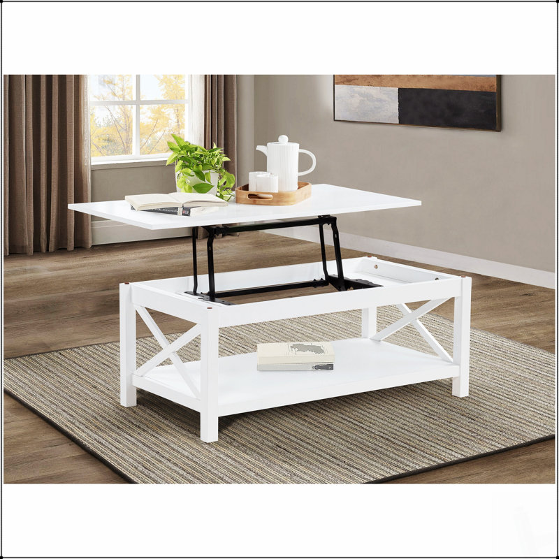 Table basse à plateau relevable de 44 pouces avec côtés en X et finition peinte en blanc pour une esthétique de maison de campagne moderne