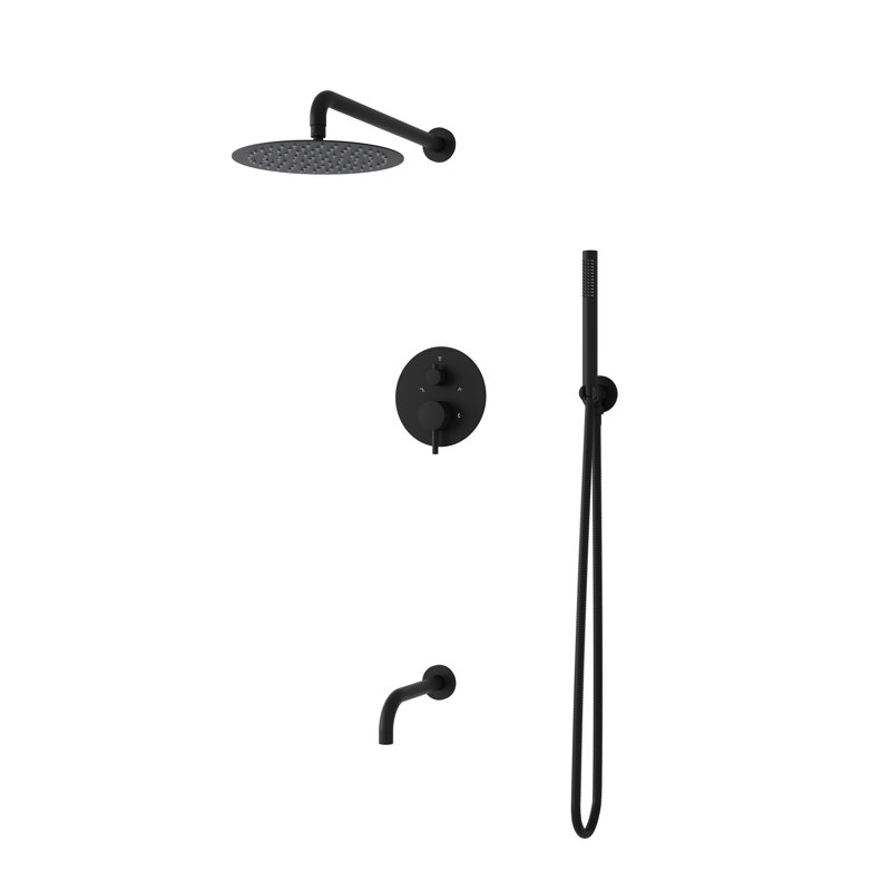 3-Function 10 In. Round Shower Head System With Hand Shower And Tub Spout (Valve Included), Matte Black