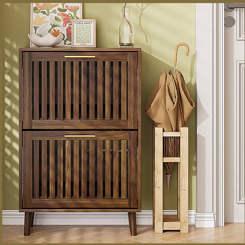23.6-inch walnut shoe cabinet, medieval modern independent shoe cabinet, fence shoe cabinet with 2 flip drawers