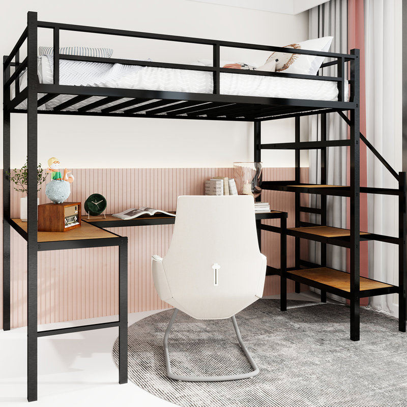 Lit mezzanine simple en fer noir avec garde-corps 360, construction, bureau en L et compartiments de rangement pour la fonctionnalité de chambre à coucher, décor de tiroirs