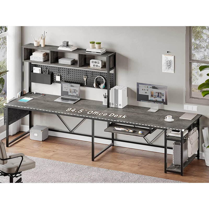 Truet L-Shaped Metal Base Computer Desk with Power Outlet, Gray/Black
