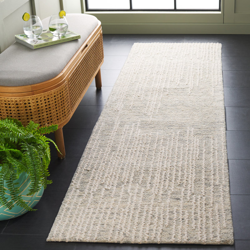 Tapis abstrait en laine / coton touffeté à la main Valeshia gris / gris clair / ivoire, Tapis de couloir 2 pi 3 po x 8 pi