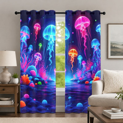 2Pcs Colorful Jellyfish Pattern Curtains, Ocean Theme Creative Curtain, Glowing Underwater World Printed Art Grommet Drapes, Window Treatment for Bedroom Living Room Decor