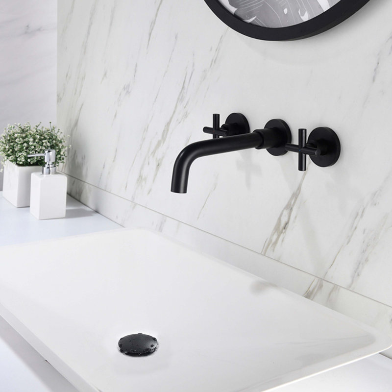 Wall Mounted Dual Handle Bathroom Sink Faucet With Pop-Up Drain Dual Handle (No Overflow)