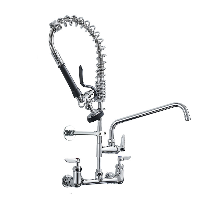 8 Inch Center Commercial Faucet For Kitchen - 21" Tall, 10" Add-On Swing Spout, Coiled Spring Spray, , Contemporary Height Sink Use Center, Ceramic Filler, Finish, Heavy Duty, Style