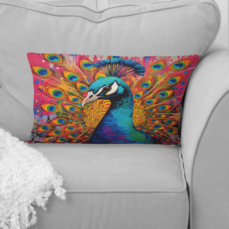 Coussin rose sarcelle Pop Art - imprimé paon