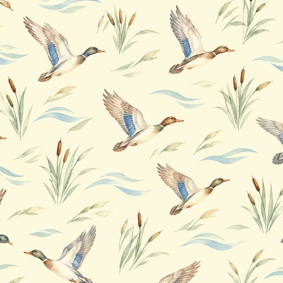 Peel and Stick Wallpaper mallard beige wave bird Green Soft Grass water Duck wildlife vintage Contact Paper Removable Self Adhesive Wall Mural Wall Decor for Bedroom Kitchen Cabinets 24in x 118in