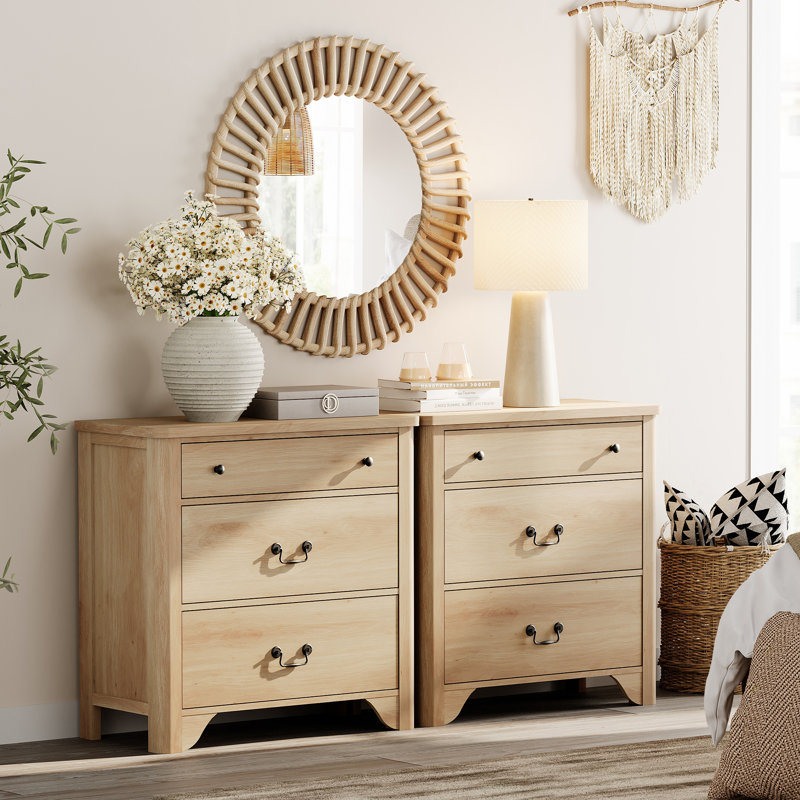 Haikey 3-Drawer Nightstand with Scalloped Edges, Oak, 2