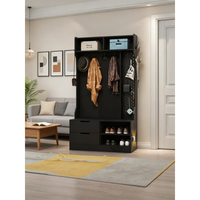 Hall Tree With 6 Hooks, Entryway Bench With Storage, Coat Hanger Rack For Entrance & Hallway, Black