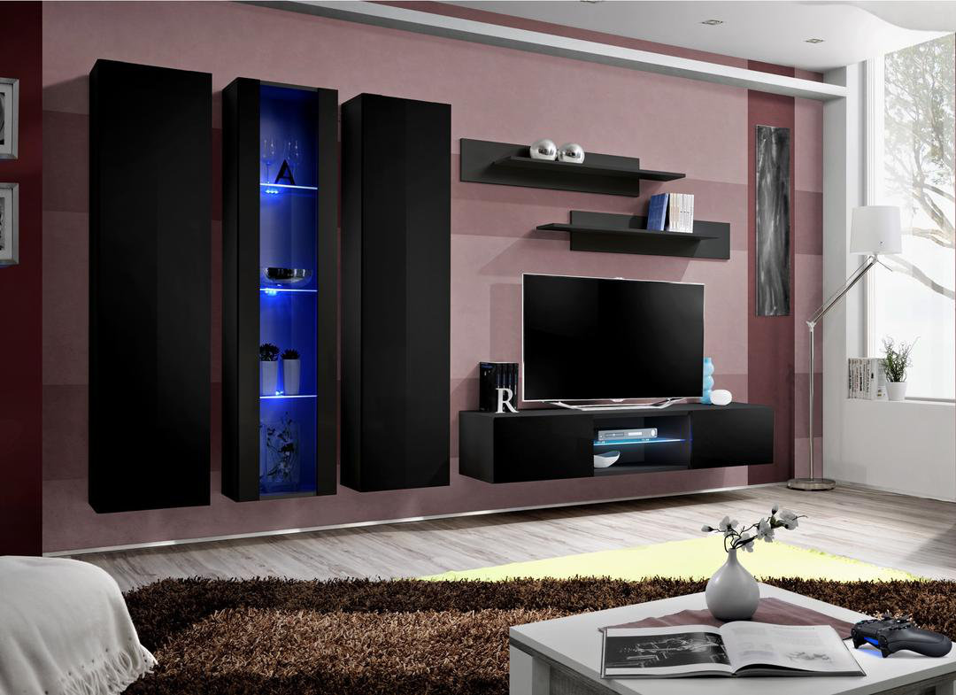 Fly P4 310cm Black Gallery Media Wall - Luxe LED Entertainment Suite for TVs Up To 60 Inch