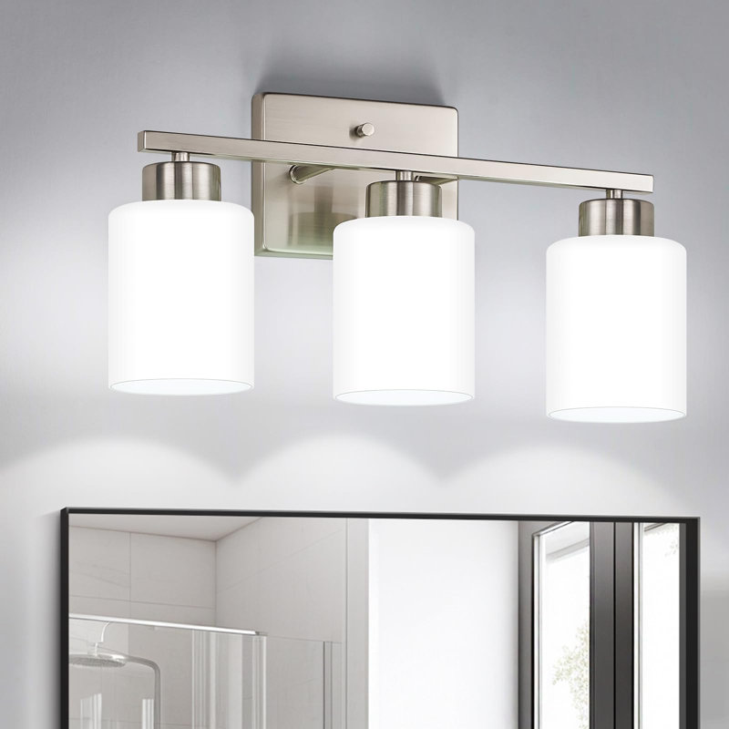 Luminaires de salle de bain en nickel brossé, miroir de meuble-lavabo moderne à 3 lumières, appliques murales avec abat-jour en verre givré (ampoules non incluses)