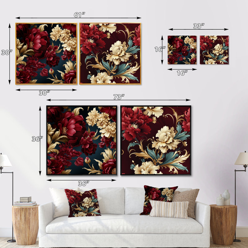 Ensemble de 2 motifs floraux Renaissance, Cadre flottant noir, H 16 po x l 33 po