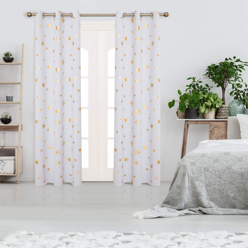 Gold Star Foil Print Room Darkening Thermal Insulated Grommet Curtain Panels (Set Of 2), 42" W x 45" L, Grayish White