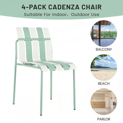 Été - Paquet de 4 chaises à blocs de couleur modernes à rayures - Siège en PP imperméable et pieds en métal robustes avec table carrée pliante intérieure / extérieure moderne - Plateau en PP avec pieds en métal